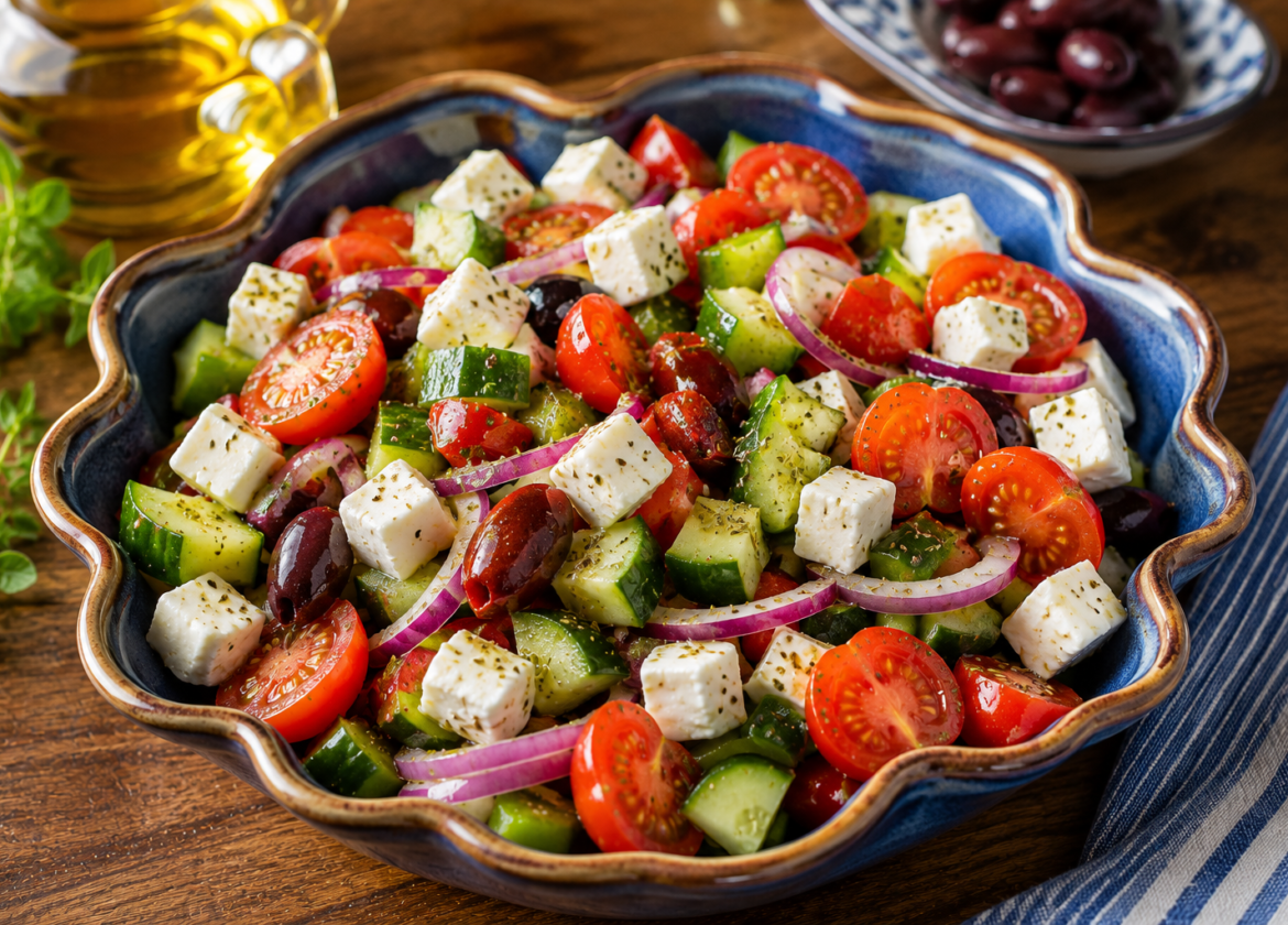 Salada Grega Fácil com Queijo, Tomate e Pepino