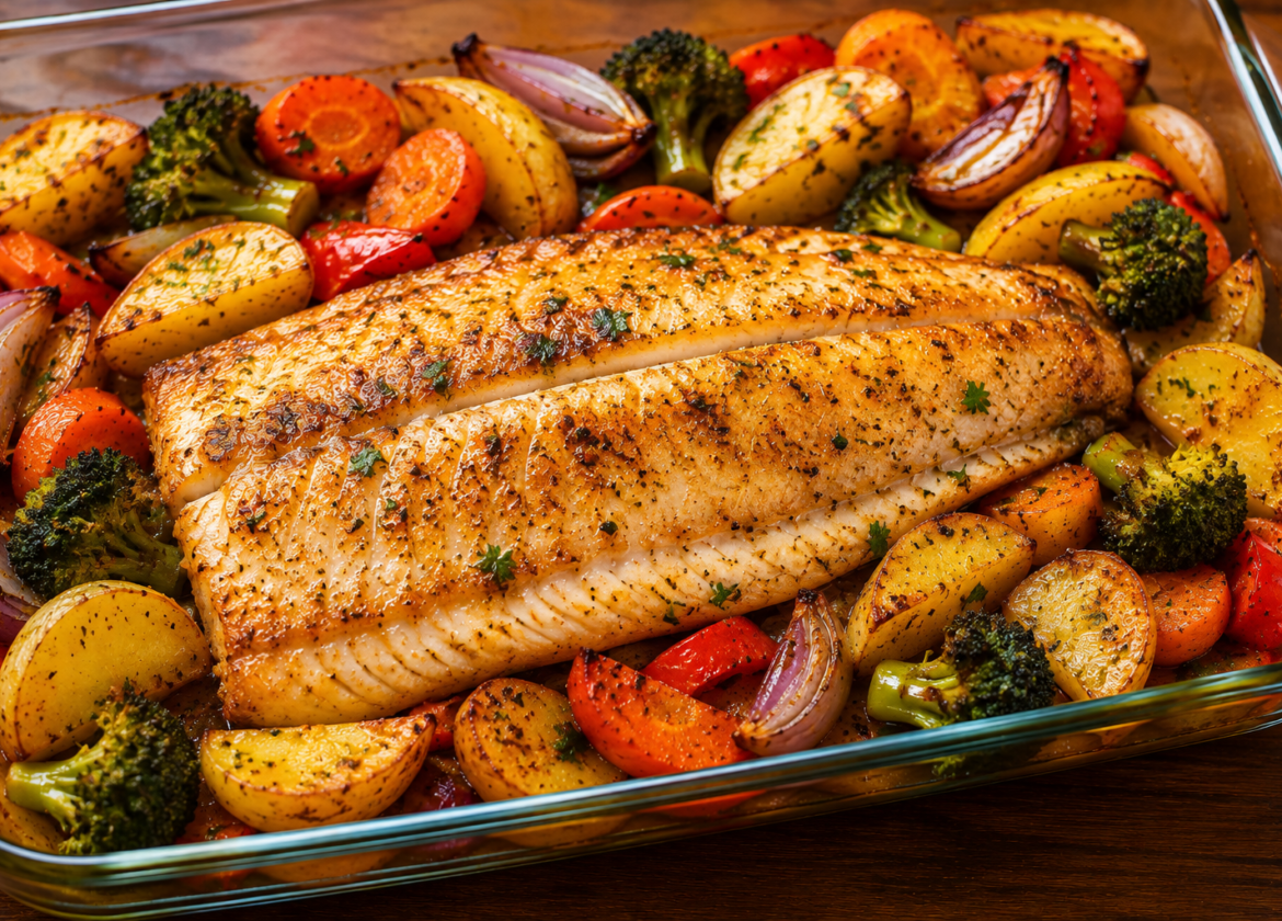 Peixe Assado com Batatas e Legumes