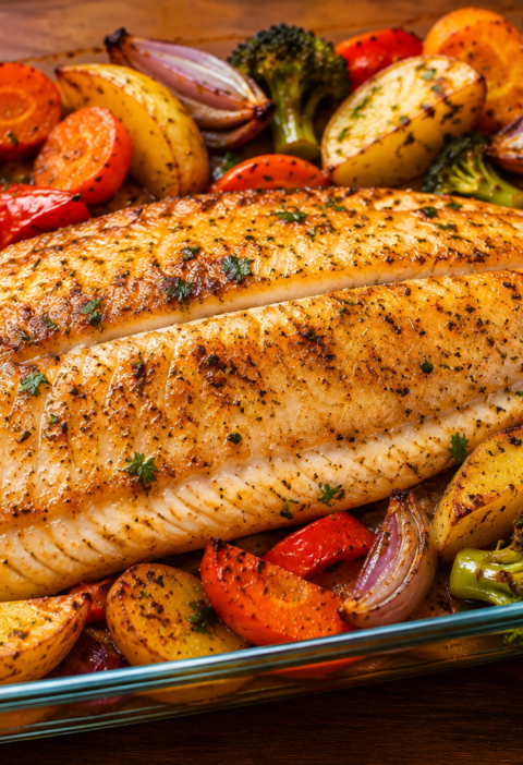 Peixe Assado com Batatas e Legumes