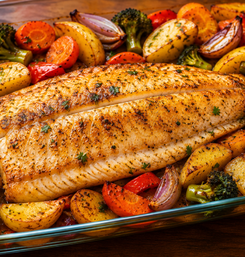 Peixe Assado com Batatas e Legumes