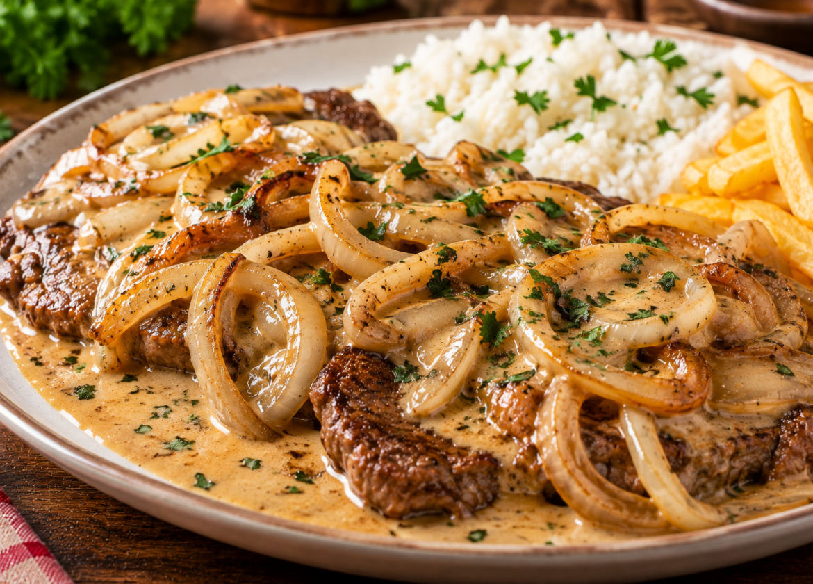 Bife de Carne Acebolado com Molho Cremoso