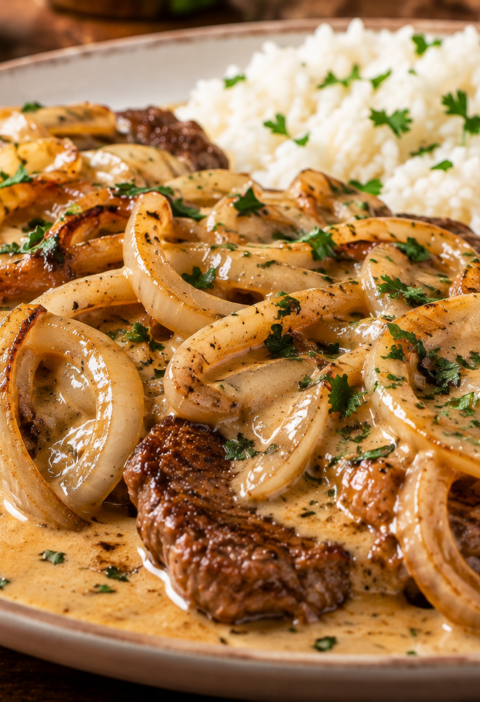 Bife de Carne Acebolado com Molho Cremoso