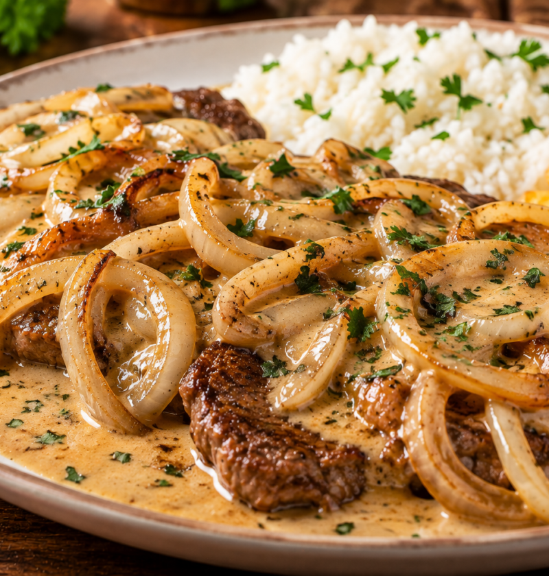 Bife de Carne Acebolado com Molho Cremoso