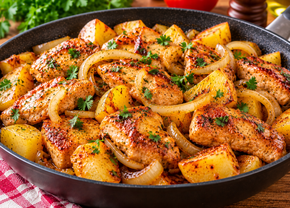 Frango Acebolado com Batatas na Frigideira