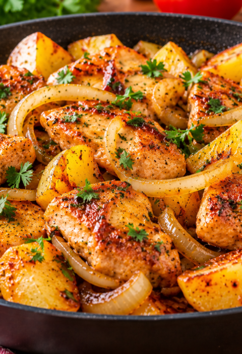 Frango Acebolado com Batatas na Frigideira