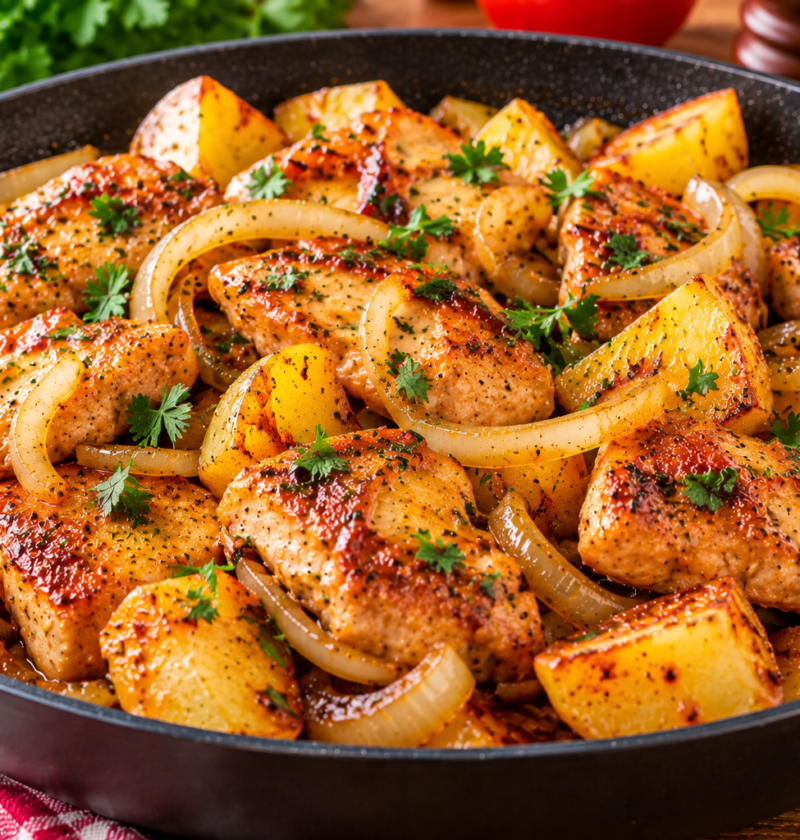 Frango Acebolado com Batatas na Frigideira