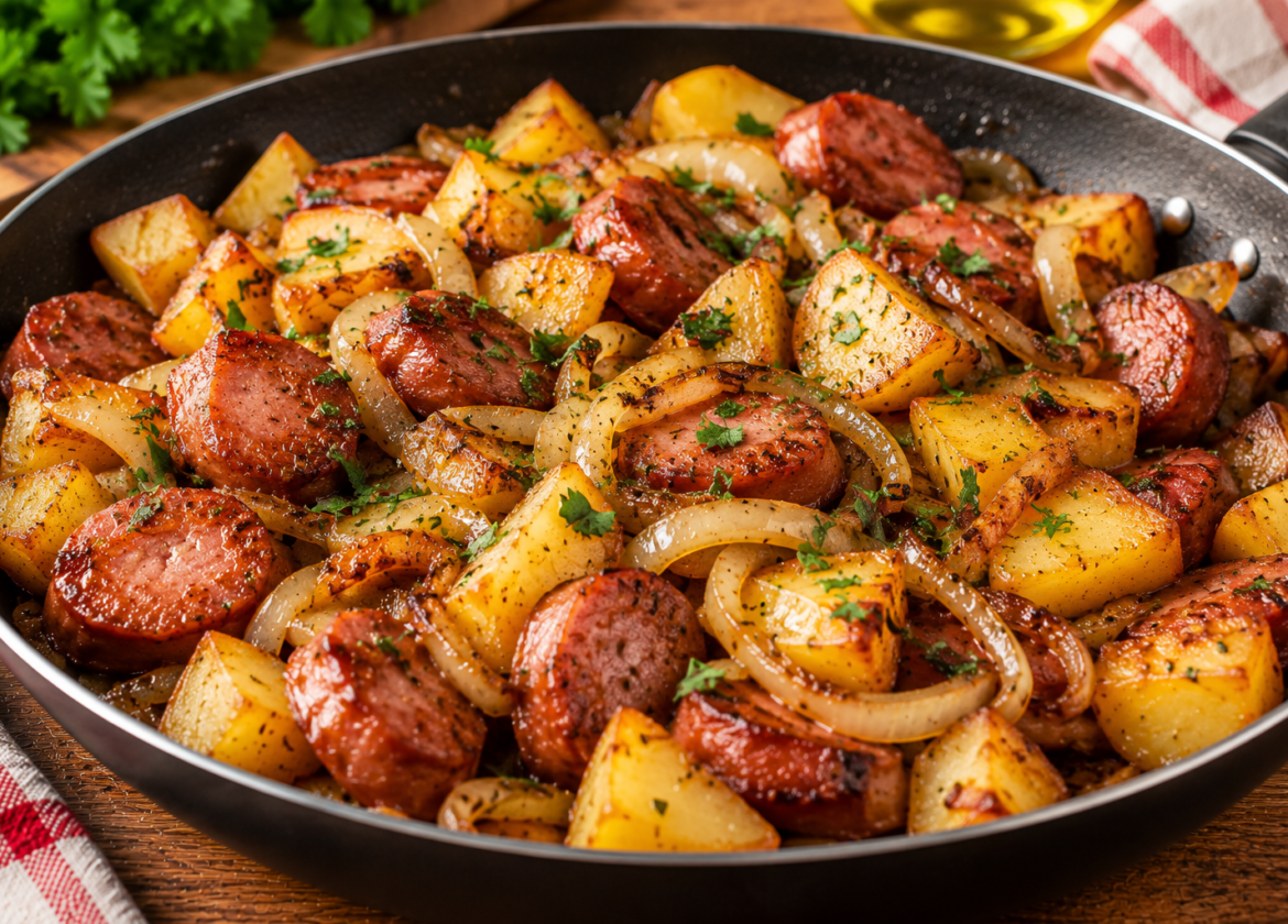Linguiça Acebolada com Batatas na Frigideira