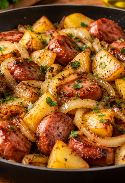 Linguiça Acebolada com Batatas na Frigideira
