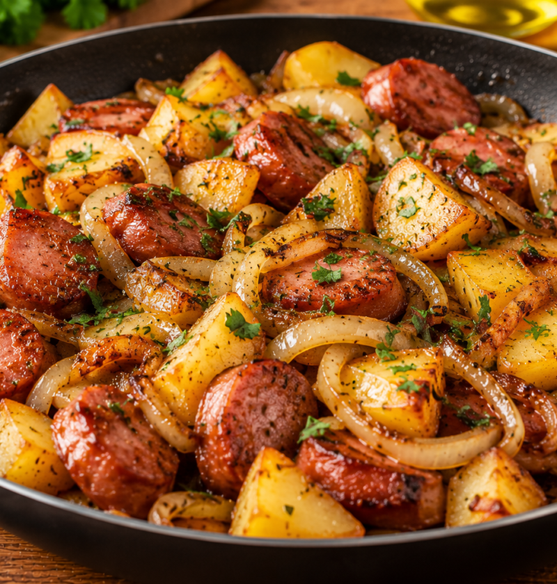 Linguiça Acebolada com Batatas na Frigideira